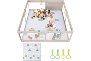 UANLAUO 150x150cm Parc Bebe avec Tapis bébé, Parc Enfant,XXL Parc pour Bebe avec 4 Anneau,Aire de Jeu Non Toxique et sûre pour Les bébés, Parc bébé avec Porte à Fermeture éclair