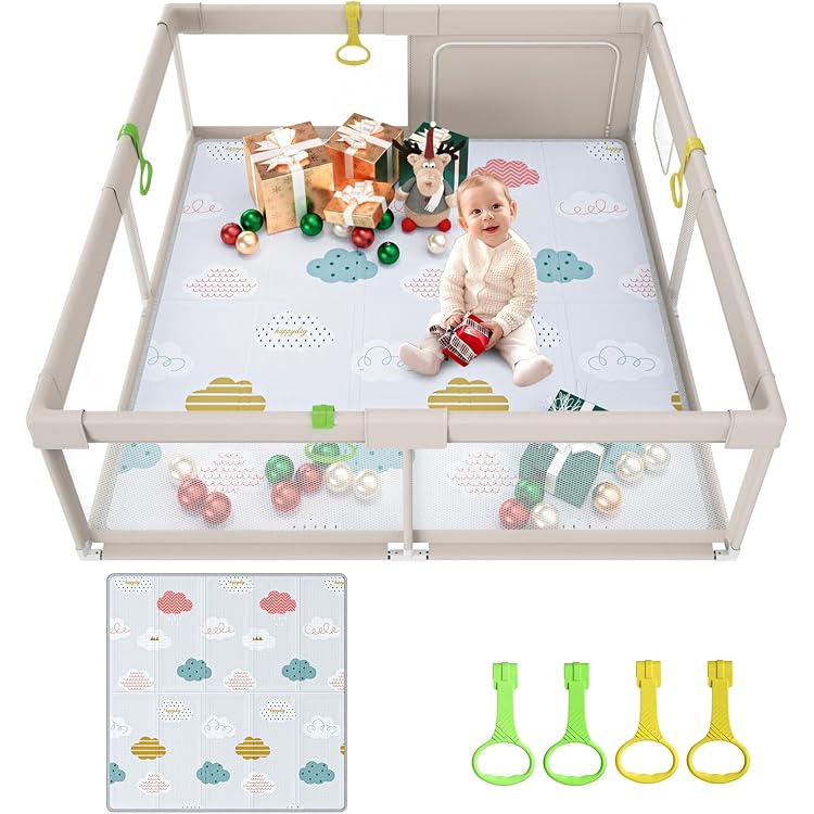 Play Pen IBVIVIC Laufgitter 200x200cm, Playpen Baby 300D Oxford Gewebe Mit Atmungsaktivem Netz Rutschfester Basis, Kinderzaun Für Säuglinge Laufstall Baby