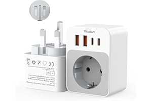 TESSAN Adaptador Enchufe UK, Plegable 5 en 1 Adaptador Enchufe Irlanda con 2 20W USB C y 2 USB A, 3250W Adapter Irlanda Compacto EU to Reino Unido, Londres, Escocia, Maldivas, Tipo G