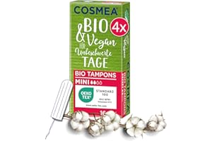 ‎COSMEA Cosmea Bio Tampons Mini – 4 x 16 Stück | 100% Bio-Baumwolle | Vegan & Dermatologisch getestet | Ohne Kunstfaser & Chemie | OEKO-TEX® & GOTS zertifiziert | Einzelverpackt & umweltfreundlich