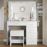 FUSOU Vanity with Lighting, Vanity with Mirror, 37 Inch, 11 LED Lights, 3 Lighting Modes, 5 Drawers, Cosmetic Table with Chai