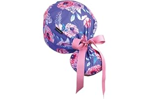 CALOMED Calot de Bloc Charlotte Chapeau Infirmière Bonnet en Tissu pour Personnels de Santé ou Pâtissier Modèle Pony Queue de Cheval Femme ou Homme Cheveux Longs (Pivoines)