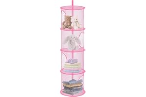 APOMOONS Hanging Mesh Storage Basket, Foldable 4 Tier Hanging Teddy Storage Net, Compartments Soft Toy, Small Toy Storage Bag for Cuddly Toys Clothes Sundries(A) (Pink)