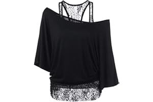 TIMEMEAN Tops Femme T-Shirt à épaules Dénudées EmpièCement en Dentelle De Grande Taille Tops Décontractés à Manches 3/4 Dolman De Couleur Unie