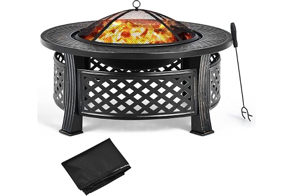 GYMAX Brasero en Métal 3 en 1, Foyer Feu Extérieur avec Pare-étincelles, Grille de Barbecue, Tisonnier, Housse de Pluie, Résistant à la Chaleur, pour Jardin, Terrasse, Camping, Pique-Nique