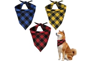 Dimeho 3 Pcs Buffalo Plaid Dog Bandanas, Dog Triangle Bib Kerchief for Birthday Christmas Soft Pet Scarf Adjustable Red Yellow Blue Black Cat Dog Handkerchief Accessories for Medium Large Dogs (L)