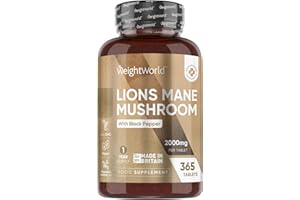 WEIGHTWORLD Lions Mane Supplement 2000mg with Black Pepper - 365 Vegan Tablets - 1 Year Supply - 50% Polyphenols - Alternative to Lions Mane Powder & Capsules