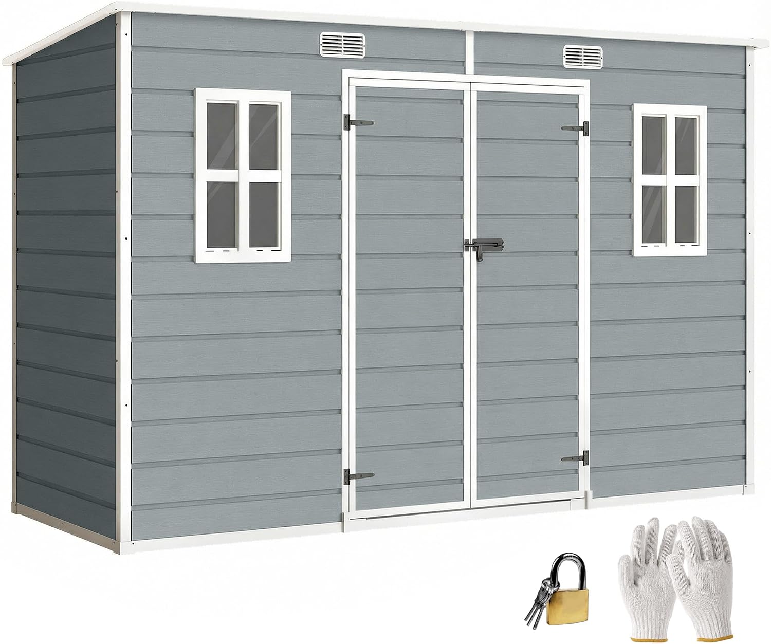 Outsunny 10 x 4 ft Plastic Garden Shed, Outdoor Storage Resin Shed with Floor, Double Windows, Lockable Doors and Vents, for Tools, Bike, Generator, Grey
