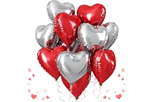 TAOYE Red Silver Heart Balloons, 18 Inch Red and Silver Heart Balloons Red Silver Valentine Balloons Romantic Party Decoration Red Heart Shape Mylar Balloons for Valentines Day Birthday Wedding Pack of 10