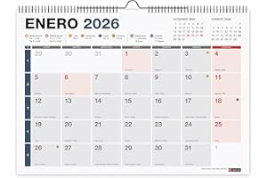 Miquelrius - Calendario 2026 de pared Completo, Organizador anual A3: 420 x 296 mm, Con espacio para anotar, Encuadernación espiral doble, Planificador 12 meses, Español