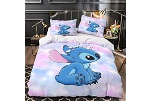 WEISHA Parure de lit 3 pièces avec housse de couette imprimée 3D Stitch Lilo & Stitch Housse de couette avec fermeture éclair pour enfants adolescents adultes, hypoallergénique ultra douce (135 x 200 cm)