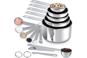 Fire More 13 Stück Edelstahl Messbecher und Messlöffel Set, Scoop mit Clip, Dosierlöffel Set mit Kaffeelöffel Portionierer, 5 Measuring Cups und 6 spoons mit Messlineal, Zum Kochen, Backen, Getränke