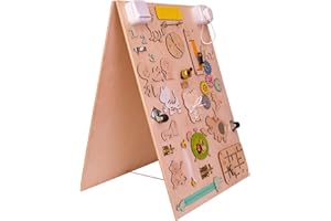 3toysm Leo Tableau d'activité sensoriel Montessori Busy Board en Bois autoportant Double Face Naturel Zoo 75 cm
