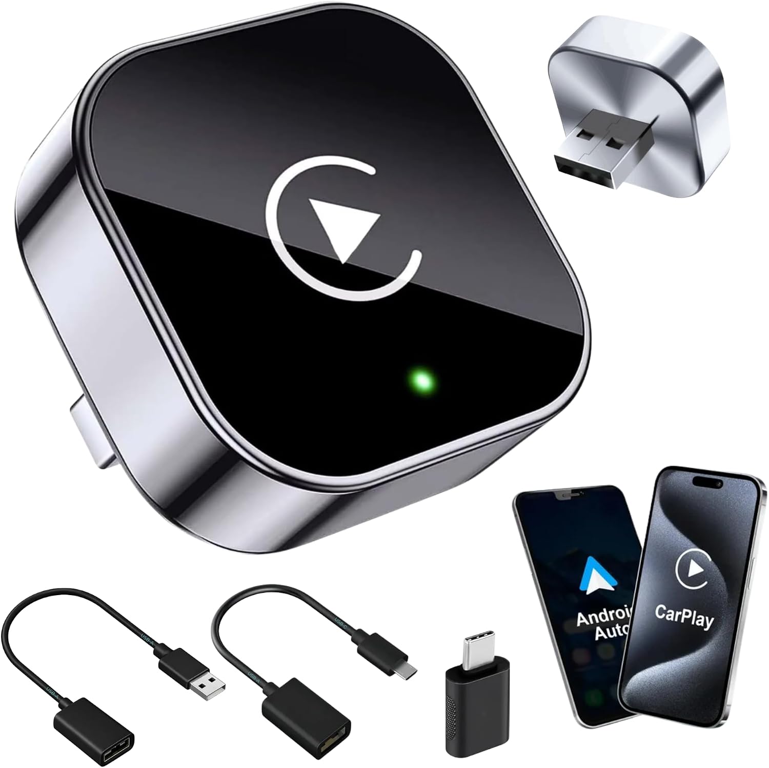 Tesorista Carplay Inalambrico 2 en 1 Mini (Versión 2026) – USB Plug & Play, Reconexión ~3 s, USB-A/USB-C y Dongle Rígido para Puertos Difíciles – Apple Carplay Inalambrico & Android Auto Inalambrico
