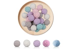 Icelsa UTMACH 50 Pezzi Colorato Rotondo Uncinetto Perline di Legno con Foro,Perline di Legno Crochettato 16mm per Foro Kit Perle,la Produzione di Gioielli