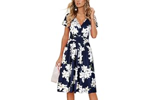 OUGES Women's Summer Midi Dress V-Neck Long/Short Sleeve Floral Ladies Fall Dress with Pockets