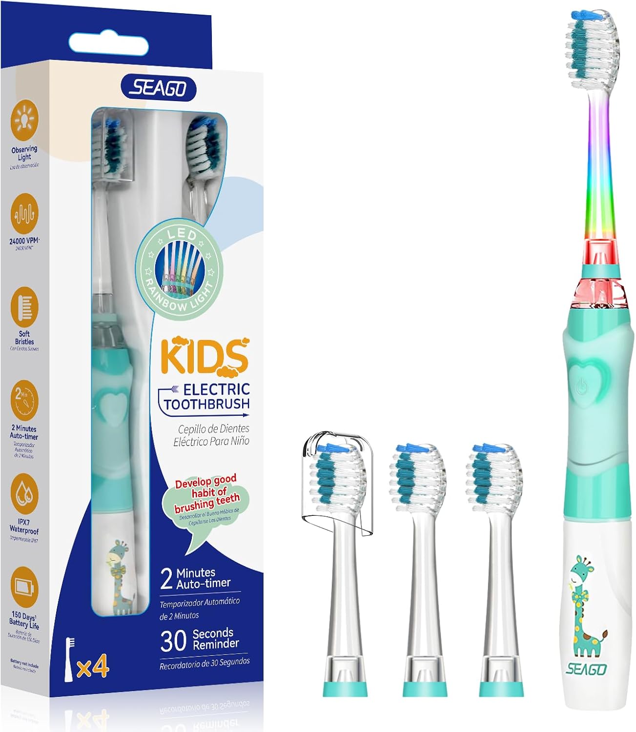 Seago Cepillo de Dientes Infantil Eléctrico Para Niños 3–12 Años Kids Con Luz de Colores,Temporizador Inteligente de 2 minutos,4 Cabezales Suaves SG-EK6/SG-977 (Verde)