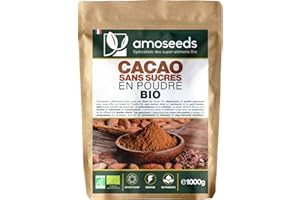 AMOSEEDS Cacao Sans Sucre en Poudre Bio 1KG | 100% de Fèves de Cacao Dégraissées Bio | Goût chocolaté intense | Qualité Supérieure