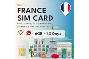 ‎TRAVSIM travSIM Karta SIM Francja |6 GB danych/prędkość 4G/5G |Nielimitowane połączenia |Używaj karty SIM w Wielkiej Brytanii w ponad 30 krajach UE |Plan na karcie SIM dla Francji jest ważny przez 30 dni