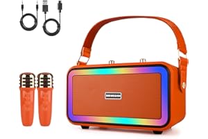 WUYOR Karaoke Machine with 2 UHF Wireless Microphone, Portable Bluetooth Speaker for Kids Adults, Colorful LED Lights Great for Party/Home/Wedding/Outdoor Activities (Orange)