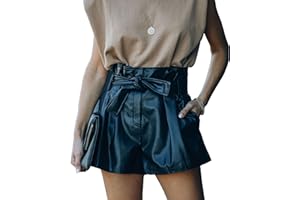 SOMTHRON Pantaloncini da donna a vita alta, con cintura, pantaloncini in pelle, casual, larghi, in pelle PU, elegante per donna, a vita alta, in finta pelle, per l'estate, l'autunno e l'inverno