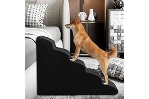 A.FATI Hundetreppe 60cm Hoch, 5 Stufen Hunderampe für Boxspringbett, Couch, rutschfeste Haustiertreppe/Rampe für kleine/verletzte Hunde, Katzen - mit Hundespielzeug Seil (schwarz)