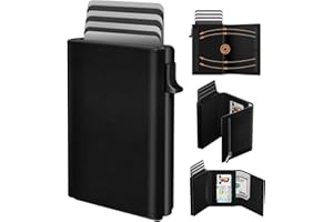 dwnkove Mens Wallet Credit Card Holder, Minimalist Wallet for Men, Aluminum Pop up Wallet, RFID Blocking, Genuine Leather, Slim,Smart, Coin Pocket | 9-14 Card Capacity | ID Window | Cash Slot