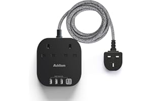 ADDTAM Extension Lead with USB Slots, Power Strips with 2 Way Outlets 4 USB(4.5A, 1 Type C and 3 USB A Ports) Surge Protection Plug Socket with 1.8 Meter Braided cord for Home/Office