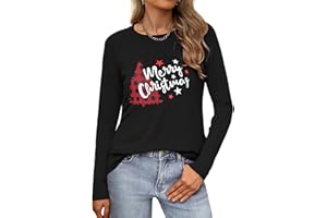 Wayleb Maglietta Natale Donna Maniche Lunghe – Scollo a V e Girocollo T-Shirt Maglia Natalizia in Cotone, Top Festivo con Stampa di Natalizia Casual Longsleeve Tee Shirt Xmas Party S-3XL
