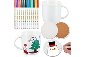 Geiserailie 2 Weiß Keramik Tassen zum Bemalen Set mit 2 Untersetzern 12 Porzellanstifte Tasse Bastelset Kaffeebecher mit Henkel Blanko Untersetzer zum Selbermachen Geschenk für Geburtstag DIY Basteln