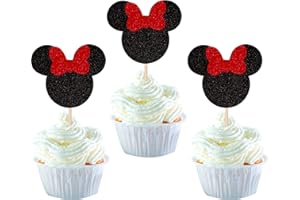 SYKYCTCY 24 Stück mini Maus inspiriert Geburtstag Tortendeko mini Maus Happy Birthday Cake Topper mini Maus mit Schleife Maus Kuchendekoration für mini Happy Birthday Party Kuchendeko schwarz und rot