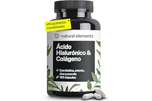 NATURAL ELEMENTS Colágeno + Ácido hialurónico - 180 Cápsulas - Con biotina, selenio, zinc, silicio y vitamina C (Acerola) - Para la piel, el cabello y articulaciones - 1000mg de colágeno hidrolizado