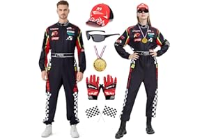 Coseaon Rennfahrer Kostüm Herren Damen Rennfahrer Anzug Jumpsuit Overall mit Hut Sonnenbrille Handschuhe Gürtel Halloween Karneval Erwachsene Racer Komplettset