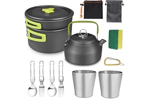 AUTOPkio Camping Cooking Set with Kettle, 14 PCS Camping Pot and Pan Set Outdoor Camping Cookware with 2 Cups Tableware for 2-3 People Trekking, Hiking, Picnic, BBQ, Backpacking