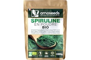 AMOSEEDS Spiruline en poudre BIO 250G | Naturelle et Pure | Riche en protéines, fer | Énergie, Sport, Immunité | Sans OGM, sans Conservateurs | Qualité Supérieure