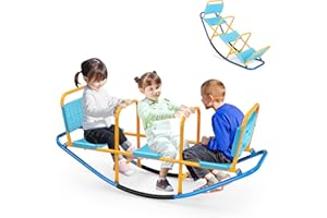 HOMASIS Altalena a Bilico per Bambini a 3 Posti, Altalena a Dondolo con Maniglie e Schienali, Giochi da Esterno in Metallo, Portata Fino a 90 kg, Adatto ai Bambini dai 3 agli 8 Anni (Blu)