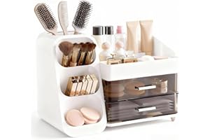 Yieseang Kosmetik Organizer mit Schubladen,Schminktisch Organizer Große für Makeup,Schminke und Skincare Aufbewahrung für Pinsel Lippenstift Skincare,Bad und Schlafzimmer(Elfenbeinweiß)