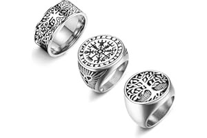 JeweBella 3 Stück Ringe Herren Edelstahl Vintage Punk Biker Lebensbaum Keltischer Knoten Wikinger Vegvisir Ring Set Breite Gravur Siegelring für Herren Männer Größe 54-70