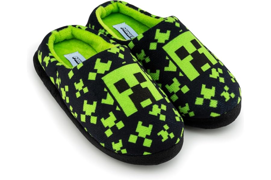 Minecraft Boys Slippers, Cosy Indoor Shoes With Creeper Design, Non-Slip Kids Slippers, Gaming Merchandise