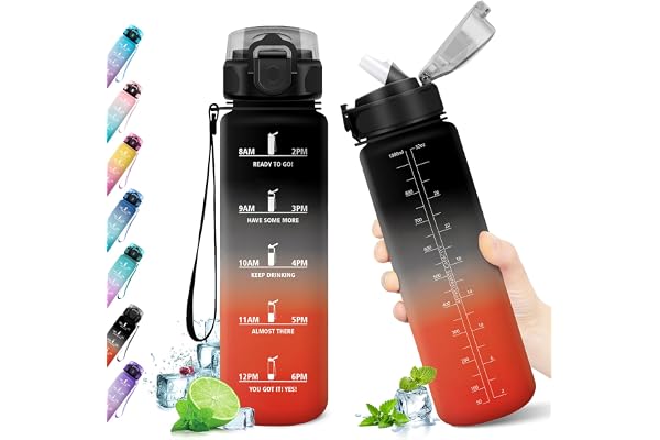 KollyKolla Gourde 1L, Bouteille d'eau, Bouteille Paille, Étanche & Réutilisable, avec Marqueur de Temps, Gourde Motivation pour Adulte, Cyclisme, Bureau, l'école, Camping