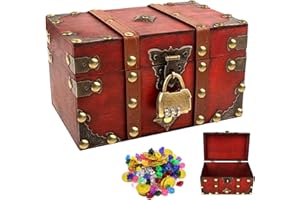 AUROBEST 18*11.5*10.5cm Vintage Wooden Treasure Chest, Pirate Antique Style Storage Box with Password Padlock, Jewelry Organizer for Keepsakes,Trinket, Necklace,Earrings, Red Wood Decorative Container with Lid