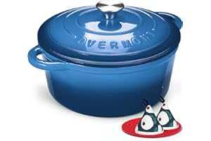 Overmont Naczynie do pieczenia emaliowane żeliwne - garnek do duszenia 24 cm nadaje się do piekarnika - z pokrywką i książką kucharską - do kuchni, pieczenia, duszenia, smażenia, niebieski