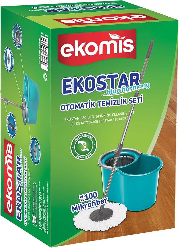 Ekostar Otomatik Temizlik Seti, 360 Derece Dönebilen Mop Başlığı, Otomatik Döner Sıkma Mekanizması, Mikrofiber Mop Başlığı, Kolay Kullanım