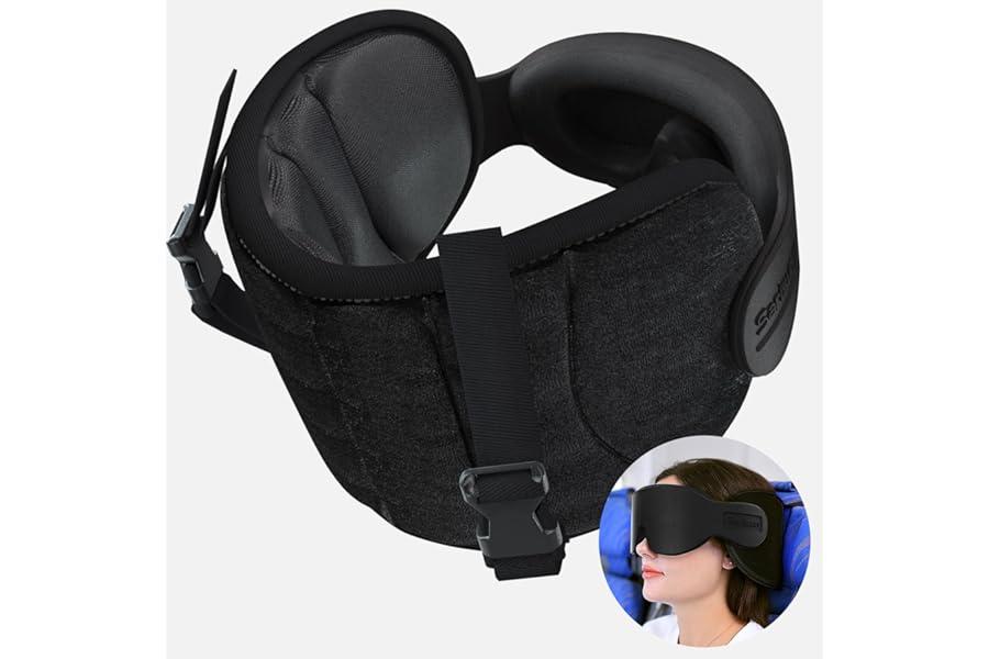 SARISUN Travel Pillow for Airplane, Plane Pillow with 3D Eye Mask for Sleeping, 360°Support Airplane Head Strap for Long Flight, Stop Bobblehead, Travel Essential, Black