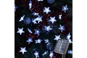 FOHIL Solarny łańcuch świetlny na zewnątrz, 100 diod LED, 12 m, gwiazdy, oświetlenie choinkowe, oświetlenie zewnętrzne, IP65, 8 trybów świecenia, oświetlenie bożonarodzeniowe, do ogrodu, na taras, drzewa,