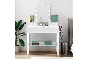 LEADZM Schminktisch mit LED-Beleuchtung & Spiegel, 3 Farben Verstellbarer Helligkeit, Frisiertisch mit 4 Schubladen & Föhnhalter(Weiß, 80x40x130 cm)