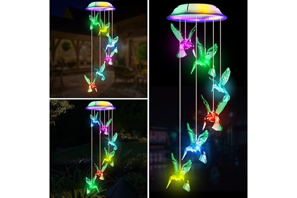 Carillons Éoliens Solaire Colibri Carillon de Vent LED Multicolore Suspendu Lampe Étanche Solaire Lumières Carillon Extérieure Décoration de Jardin Terrasse Patio Noël Cadeau pour Maman