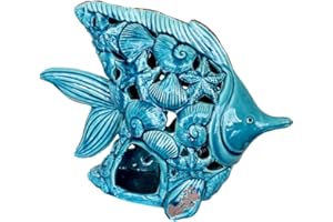 Keyhomestore- Decorazione in Ceramica a forma di Pesce con Cresta Turchese portacandela in Ceramica Design Mare soprammobile casa Mare - Lunghezza cm 37. soprammobile