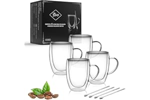 LIBWYS 4 Pack 350ml Double Walled Coffee Cups Glasses Mugs with 4 Spoons, Cappuccino Latte Tea Cups with Handle, Heat Resistant Cup Drinking Glasses