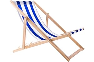 WOODOK Chaise longue pliable en bois de hêtre - Charge maximale : 120 kg - Sans accoudoirs - Dossier réglable sur 3 niveaux - Bleu/blanc